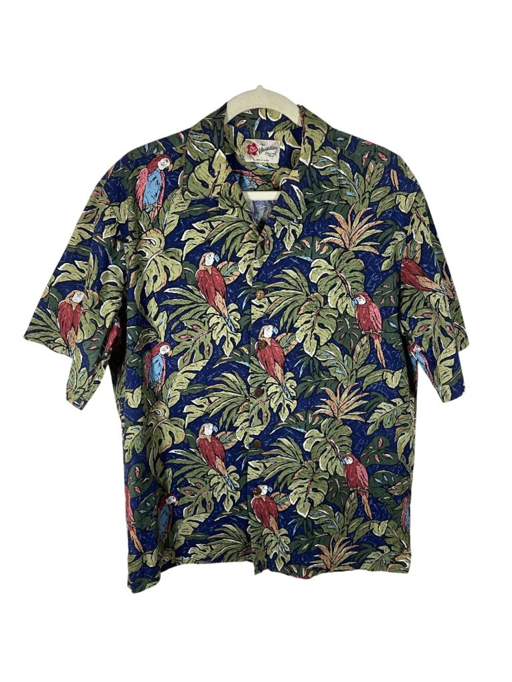 Vintage Hilo Hattie Hawaiian Shirt Men Large Blue Tropical Parrot USA